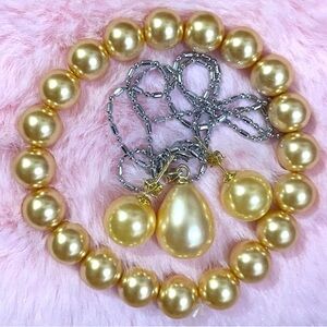 14KGP Gold South Sea Shell Pearl Necklace Ring Bracelet Jewelry Set